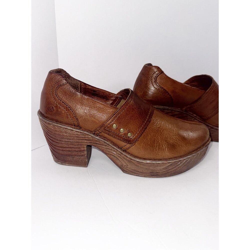 Born Chunky Platform Clogs Block Heels Studded Brown Leather Retro Y2K Western 9 - Picture 2 of 16